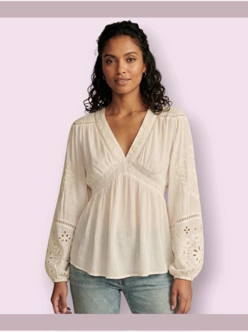 Lucky White Long Sleeve Cutwork Smocked Top